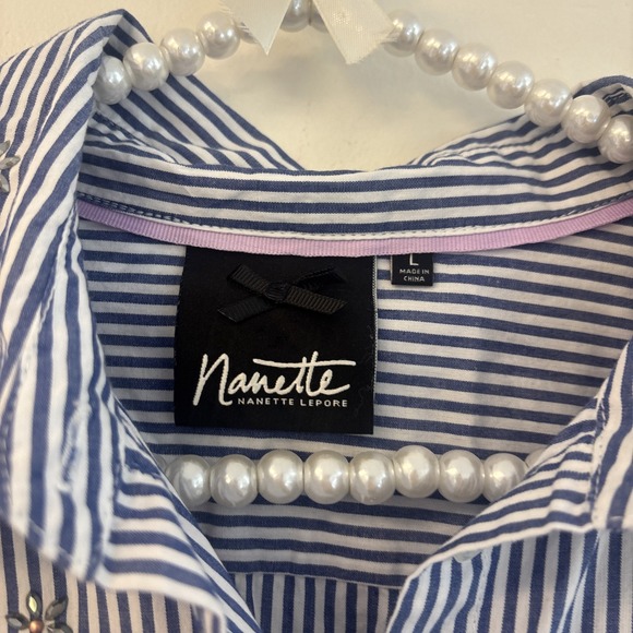 Nanette Lepore Womens Blouse Sz Lg Blue Striped Button Up Long Sleeve Ballon Bow - Picture 4 of 8